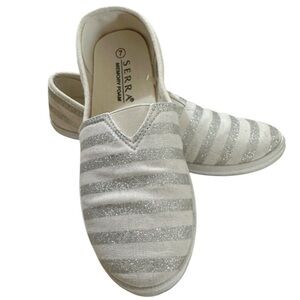 Serra Memory Foam A-Line Flats Cream Silver Stripe Slip On Comfort Shoes Women 7